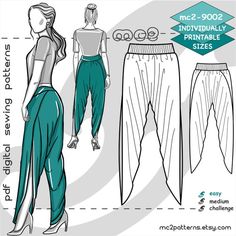 a woman's pants and top sewing pattern with the measurements for each leg, from front to back