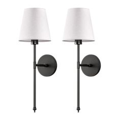 two lamps on the wall next to each other with one light on it's side