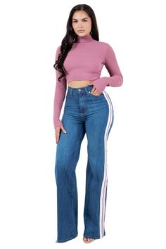 Add a playful touch to your wardrobe with our Striped Wide Leg Pants! Made in the USA, these high rise jeans feature a wide leg fit, front button and zipper closure, and front and back pockets. The Pink and White side stripes add a chic twist to the classic medium wash denim. Stand out from the crowd with this unique and stylish piece!33" Inseam Length 11.5" RiseMade in USA Style: high rise Silhouette: wide leg Embellishment: side stripes Length: full length Closure: zipper, button Made In: USAF Womens Fashion Jeans, Elegant Moments, Striped Wide Leg Pants, Leather Denim, Leather Motorcycle Jacket, Tour T Shirts, Outerwear Sweater, High Rise Jeans, Sheer Fabrics