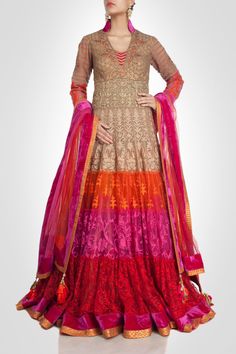 This beige color lehenga is in anarkali suit style. This lehenga is full of flairs. Bottom parts of flairs are in three colors ie orange, majenta and red color giving it sizzling look. All part of lehenga is embroidered with thread work. This lehenga is made on net fabric. Made to order Beige Anarkali Set With Zari Work, Beige Floor-length Anarkali Set For Diwali, Multicolor Maxi Anarkali Set With Resham Embroidery, Multicolor Maxi Length Anarkali Set With Resham Embroidery, Beige Bollywood Style Floor-length Salwar Kameez, Designer Anarkali Choli With Long Shape, Anarkali Long Choli For Designer Wear, Designer Multicolor Maxi Anarkali Set, Designer Beige Anarkali Set With Pallu