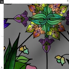 an image of a stained glass window with flowers and leaves on it's side