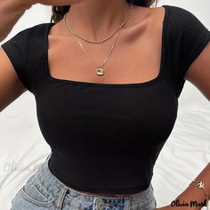 Olivia Mark - Ribbed Square Neck Crop T-Shirt, Casual Short Sleeve Top For Spring & Summer, Women's Clothing Women White Top, Clothes Basics, Going Out Crop Tops, Fairy Drawings, Tops Short Sleeve, Sleeveless Tops Summer, Half Sleeve Blouse, Shirts Summer, Crop T Shirt