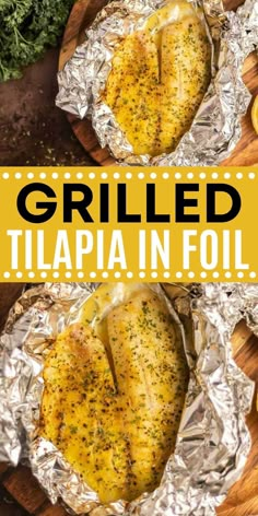 grilled tila in foil with lemons and parsley on the side