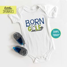 Born to Golf Onesies® Brand, Golfing Onesies® Brand Outfit, Infant Baby Bodysuit PRODUCTION TIME Little Spunkies from the designer/owner of Spunky Pineapple Co https://www.etsy.com/shop/SpunkyPineappleCo   All baby and toddler clothes are 100% designed and printed with water based ink. All orders placed before 12:00 pm EST are shipped out same day (Monday - Friday). Orders received after noon are shipped out the next business day. ONESIES® BRAND  Made from 100% Cotton. We print on Onesies® Brand and do recommend ordering up one size as these run a little small after washing. T-SHIRT Made from 100% Cotton. These run true to size. If you are in between sizes we suggest sizing up. CARE Machine wash in cold water, inside out, and tumble dry.   SHIPPING All orders are shipped out via USPS First Casual Fitted Onesie For Birthday, Casual Fitted Birthday Onesie, Customizable Fitted Playful Onesie, White Cotton Sports Bodysuit, Fitted White Onesie For Playtime, Fitted Graphic Print Onesie For Playwear, White Fitted Onesie For Playtime, Fitted White Onesie With Graphic Print, Playful White Fitted Bodysuit