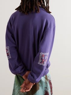 Based in Japan, KAPITAL experiments with offbeat colours and prints. This 'Kookie' sweatshirt is made from soft cotton-jersey and printed with playful text and florals. The punchy shade of purple makes it unmissable. Shade Of Purple, Purple Sweatshirt, Jersey Sweatshirt, Men Sweatshirt, Purple Guy, Sweatshirt For Men, Grey Cotton, Shades Of Purple, Mr Porter