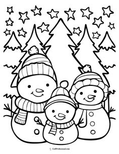 Family of three snowmen standing in front of evergreen trees, coloring page Christmas Tree For Coloring, Preschool Winter Coloring Pages, Christmas Coloring Book Pages, Winter Themed Coloring Pages, Christmas Coloring Pages Free Printable Preschool, Kids Winter Coloring Pages, Free Winter Coloring Pages For Kids, Kids Coloring Pages Christmas, Free Christmas Coloring Pages For Adults