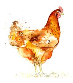 a watercolor painting of a chicken on a white paper with brown spots around it