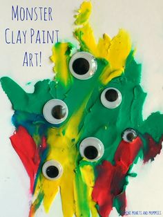 the monster clay paint art project is made with googly eyes and spongey paper