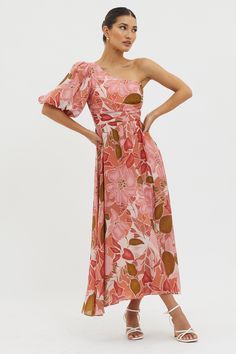 Jayni Puffed One Shoulder Midi Dress Red Luxury One Shoulder Midi Dress For Garden Party, Luxury Off-shoulder Floral Print Midi Dress, Luxury One-shoulder Floral Midi Dress, Cheap One-shoulder Spring Midi Dress, Tan Mules, One Shoulder Midi Dress, Midi Dress Style, 2024 Wedding, Split Maxi Dress