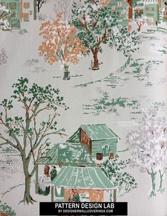 a wall paper with trees and houses on it