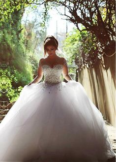 Check out this Luxurious Crystals Beading Long Sleevess Ball-Gown Wedding Dresses at ballbella.com, extra coupons to save you a heap. Long Sleeve Ball Gown Wedding Dress, Vintage Ball Gowns, Long Sleeve Ball Gowns, Rustic Wedding Dresses, Long Sleeve Wedding, Tulle Wedding, Long Wedding Dresses, Vintage Bridal, Tulle Wedding Dress