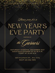 new year's eve party flyer with gold confetti on black and white background