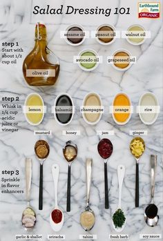 an image of the ingredients for salad dressing on facebook, including spoons and seasonings