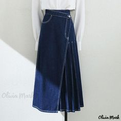 Olivia Mark - Asymmetrical Pleated Denim High Waist Midi Skirt with Letter Print Midi Skirt Summer, Denim Skirt Long, Pleated Denim Skirt, A Line Denim Skirt, Pleated Denim, Denim Skirt Women, Diy Blouse, Blouse Diy, Modest Fashion Outfits