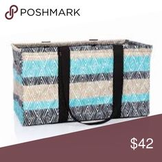 a blue and white striped tote bag with the words poshmark on it