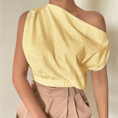 Super Cute And Stylish Ships In 5-10 Business Days Yellow One Shoulder Top For Summer, Spring Yellow Tops With Asymmetrical Hem, Yellow Tops With Asymmetrical Hem For Spring, Casual Summer Blouse With Asymmetrical Neckline, Chic Yellow Asymmetrical Top, Yellow Asymmetrical Summer Tops, Spring Sleeveless One Shoulder Top, Chic Yellow One-shoulder Top, Casual Solid One Shoulder Top For Summer