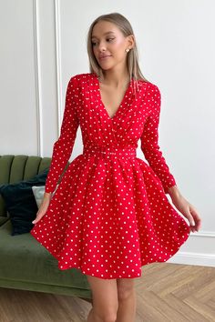 Can you feel the smell of freshly baked сherry pie? Our mini-length pleated bodice dress in red will definitely add sweetness to any event you are planning to go to. The material’s shade with lovely polka dot print and the long sleeves make this dress really charming. Pleats in the bodice and bell skirt make the total look to be appropriate for daytime wear. Complete the outfit with fav heels and a little bag. Red Pleated Mini Dress, Red Pleated Cocktail Mini Dress, Bell Skirt, Silk Outfit, Bodice Dress, Pleated Bodice, Freshly Baked, Polka Dot Print, Dress 100