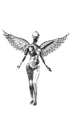 a black and white drawing of a woman with wings