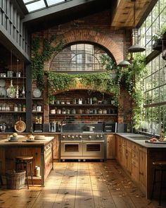 an industrial kitchen with exposed brick walls and wood flooring, surrounded by greenery