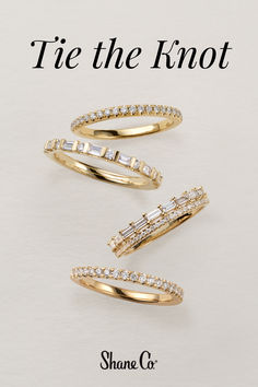 three different types of rings with the words tie the knot on top and bottom in gold