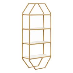 a gold shelf with three shelves on each side and a triangular design in the middle