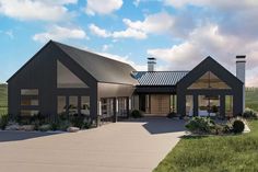 this is an artist's rendering of a modern farmhouse style home in the country