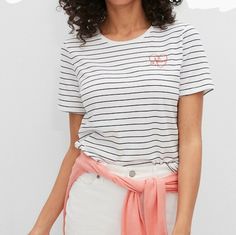 Banana Republic Women's Graphic T-Shirt Striped T-shirt For Summer Day Out, Striped Cotton T-shirt For Day Out, Summer Striped Graphic Tee, Striped Graphic Tee For Summer, White Cotton T-shirt For Day Out, Chic Blouses, Petite Shorts, Blouse Short Sleeve, Scoop Neck Tee