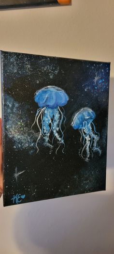 8x10 handpainted product. Sparkly and shiny space ocean themed jellyfish painting. Painting Ideas For Love, Flower Inspo Painting, Ocean Inspired Paintings, Theme Painting, Themed Paintings, Sea Themed Paintings, Cool Things To Paint On Your Wall, Space And Ocean Art, Wall Design Painting