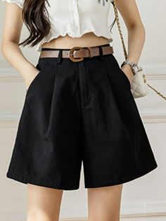 Wide Leg Shorts With Built-in Shorts, Non-stretch Wide Leg Shorts With Pockets, Solid Workwear Shorts With Pockets, Trendy Knee-length Solid Color Bottoms, High-waisted Solid Color Shorts For Work, High-waisted Shorts For Work, Solid Color Workwear Shorts For Summer, Solid Color Summer Workwear Shorts, Chic High-waisted Solid Color Shorts