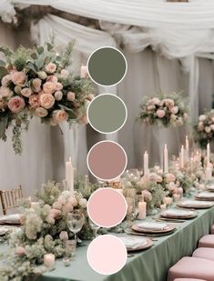 the table is set with pink and green flowers, candles, and greenery on it