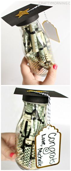 two pictures of money in a jar with graduation cap on top and tag attached to it