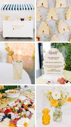 several different pictures of food and drinks on display at a wedding or baby's first birthday party