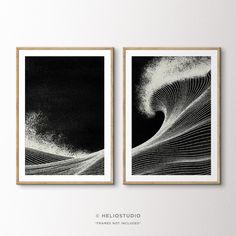 two framed black and white photographs with waves in the ocean, one on top of the other