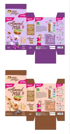 the packaging design for almond milk is shown in three different colors and sizes, including one with