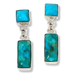 Jay King Sterling Silver Maidenhair Turquoise Drop Earrings  Beautiful Maidenhair turquoise nuggets, compressed into square shapes, give these handcrafted sterling silver earrings a chic, contemporary flair. From Jay King.        Approx. 1"L x 1/4"W     Stamped .925s     Pierced with clutch backs     Earrings have rectangular drops of bezel-set, rectangular compressed turquoise     Drops connect to square turquoise stones bezel-set on post fronts   Stone Information       All sizes and weights a Modern Turquoise Nickel-free Earrings, Modern Turquoise Dangle Jewelry, Nickel Free Turquoise Rectangular Jewelry, Modern Turquoise Dangle Earrings, Artisan Turquoise Rectangular Jewelry, Modern Turquoise Hypoallergenic Earrings, Modern Turquoise Hypoallergenic Jewelry, Modern Hypoallergenic Turquoise Earrings, Hypoallergenic Square Sterling Silver Jewelry