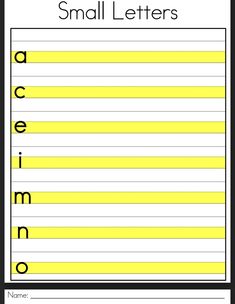 a small letter worksheet with the word's name in yellow and black