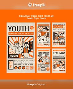 the front and back pages of an instagram story post template for comic style youth