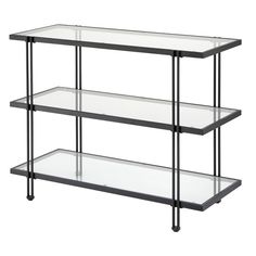 three tiered shelf with glass shelves on each side and black metal legs, against a white background