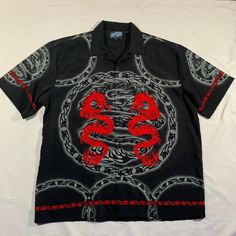 vintage 90s / 2000s red grey black tribal dragon chain all over print button up shirt tag size - XL fits like - XXL pit to pit - 27.5 inches length - 32 inches Dope Shirt, Dream Fashion, Shirt Tag, 90s 2000s, Red And Grey, Button Up Shirt, All Over Print, Vintage 90s, Button Up Shirts