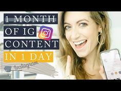 a woman holding up her phone and pointing to the screen with text reading 1 month of ig content in one day