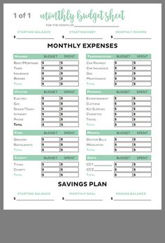 a printable budget sheet with the words, savings and balances on it in green