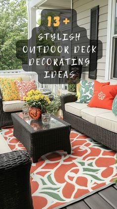 an outdoor patio with wicker furniture and colorful pillows