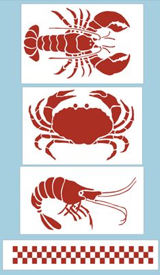 the silhouettes of lobsters are shown in red and white, with checkered borders