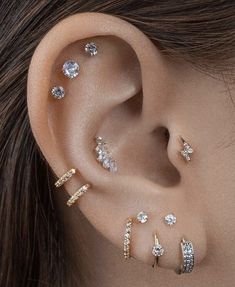 an ear with five different types of piercings on it's sides and one is in the middle