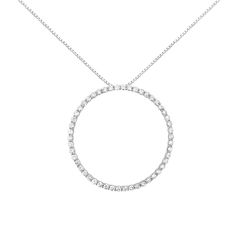 You can't go wrong with this simple and delicate circle pendant necklace. Crafted in cool sterling silver, this pendant features 4ct TDW of diamonds. 50 glistening round cut diamonds line this open circle pendant that dangles from a rope chain and secures with a spring ring clasp. Luxury Brilliant Cut Open Circle Jewelry, Luxury Silver Circle Necklace, Luxury Silver Open Circle Jewelry, Luxury Open Circle Diamond Necklace Fine Jewelry, Luxury Silver Circular Necklace, Luxury Open Circle Diamond Necklace, Luxury Elegant Open Circle Diamond Necklace, Hoop Necklace, Circle Pendant Necklace