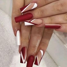 Harlem Nights Nails, Red White Nails Design, Red And White Nails Acrylic, Fancy Red Nails, Red Nails Ideas Coffin, Red And White Nail Ideas, Red Nails Acrylic Design, Red Coffin Nail Ideas, Beige Nails Design