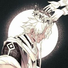 an anime character with white hair and piercings in front of a full moon background