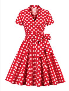 [Plus Size] 1950s Polka Dots Waist Tie Lapel Dress – Retro Stage - Chic Vintage Dresses and Accessories Retro Attire, 1950s Fashion Women, Lapel Dress, Retro Stage, Sunday Clothes, Vestidos Retro, Dress Retro, Plus Size Vintage, Dinner Outfits