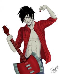 an anime character holding a red guitar and posing for the camera with his arm in the air