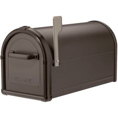 a black mailbox with an open door on the front and side, is shown